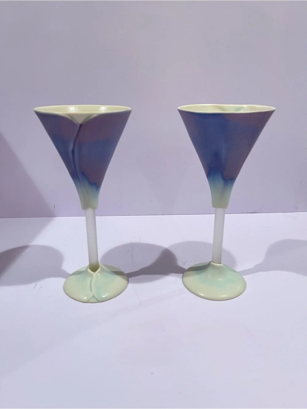Pair of Newman Ceramic Works White Calla Lily Wine Goblets Glasses 7.5